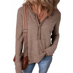 NEW FULL TIME PURCHASE acid wash waffle knit long sleeve top in bronze